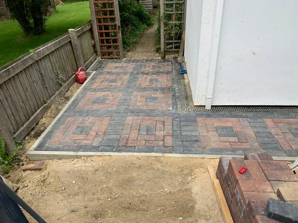Patterned block paved area for a local landscaping project in Kent