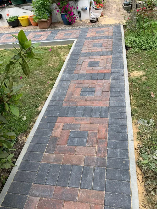 Patterned block paved pathway for a landscaping project in Kent