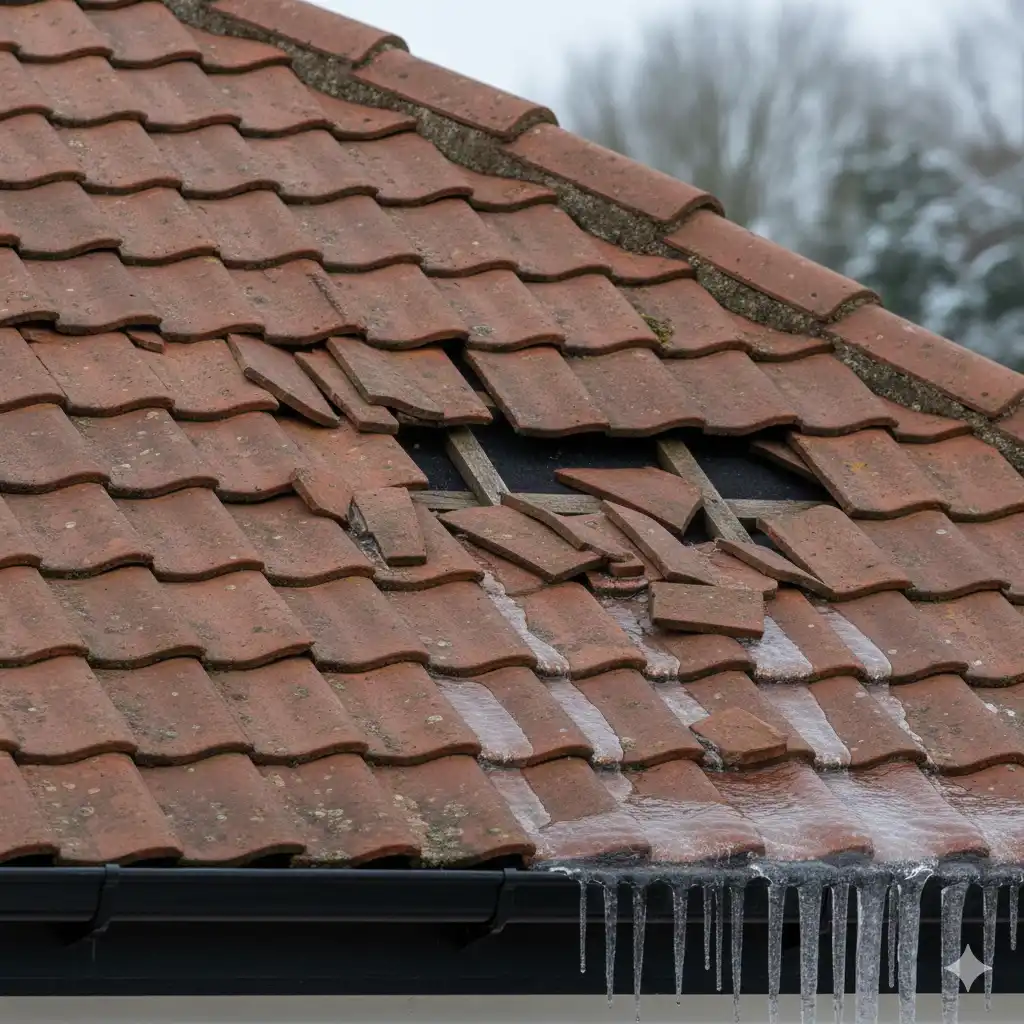 Damaged roof tiles from winter freeze-thaw cycles in Kent