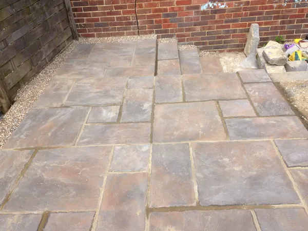 Multi sized patio installation with steps project in Kent