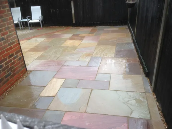 Multi coloured and shaped patio installation for a local landscaping project in Kent
