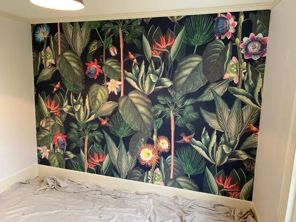 Painting and decorating project with large print wallpaper installation Kent
