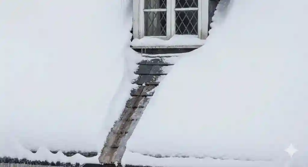 Snow-covered roof in Kent winter showing potential leak points