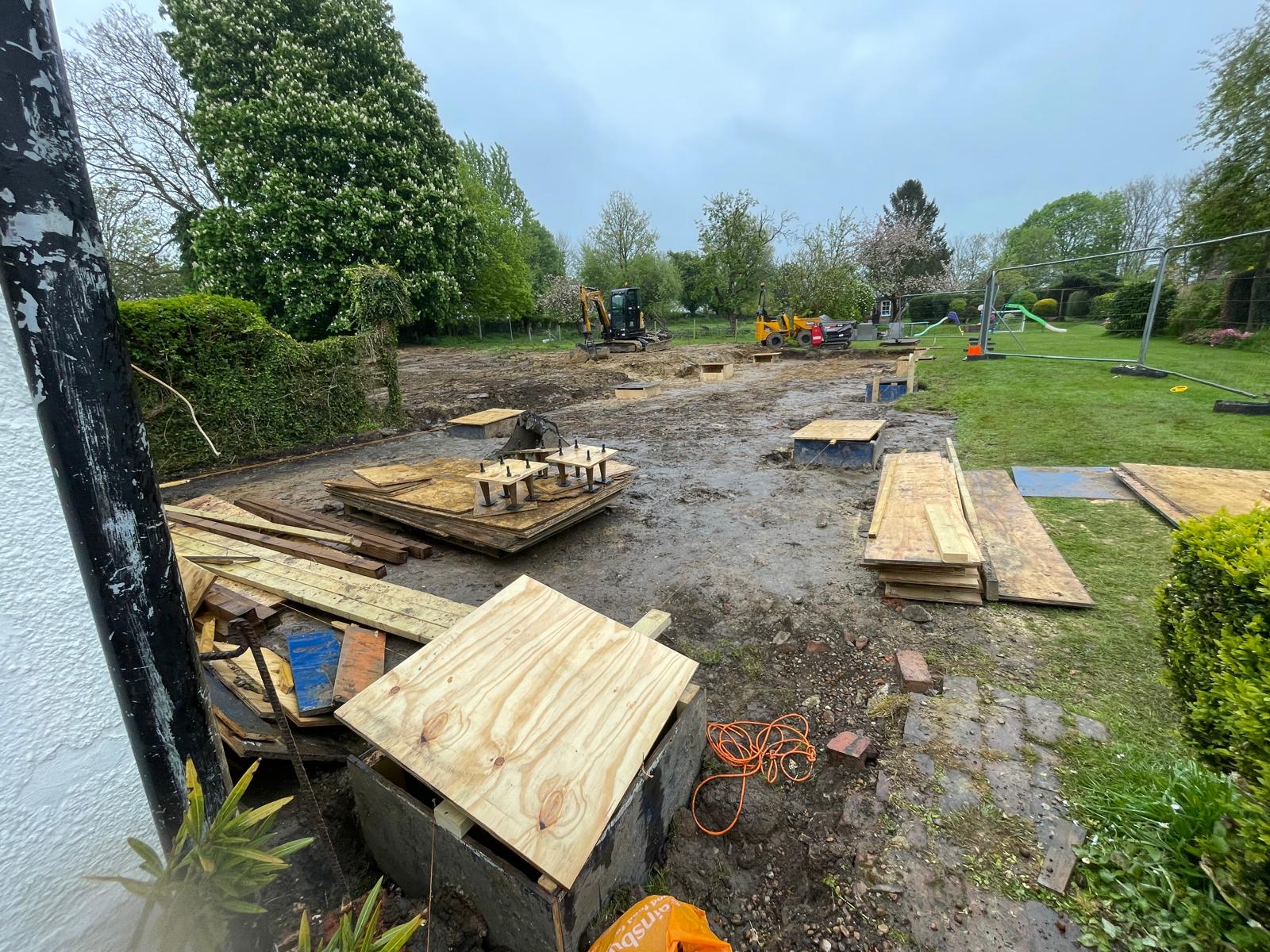 Construction materials on site ready for pool installation