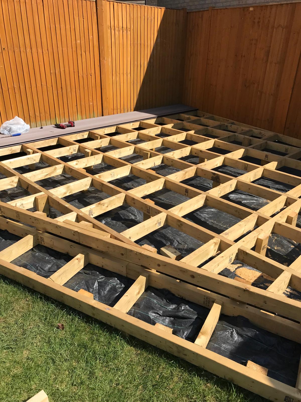 Frame ready for decking installation for a landscaping project
