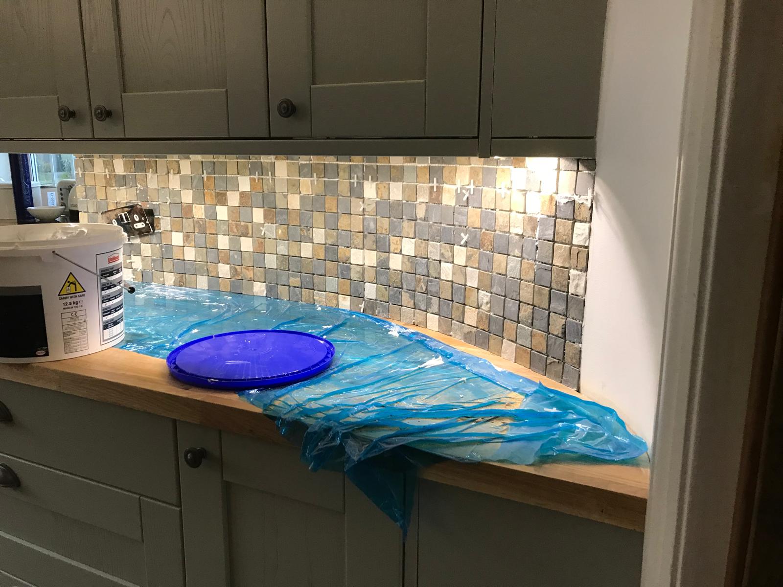 Kitchen extension project natural wall mosaic tile installation