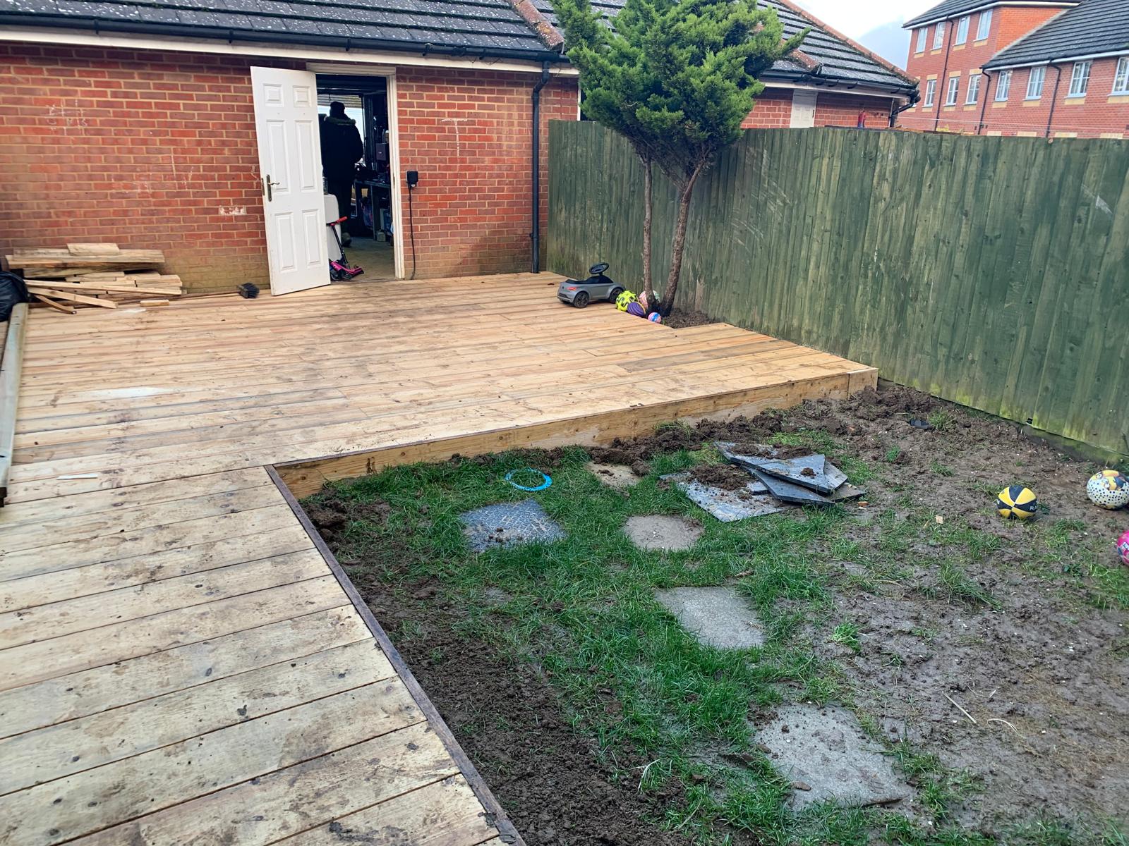 Landscaping project with boarded decking