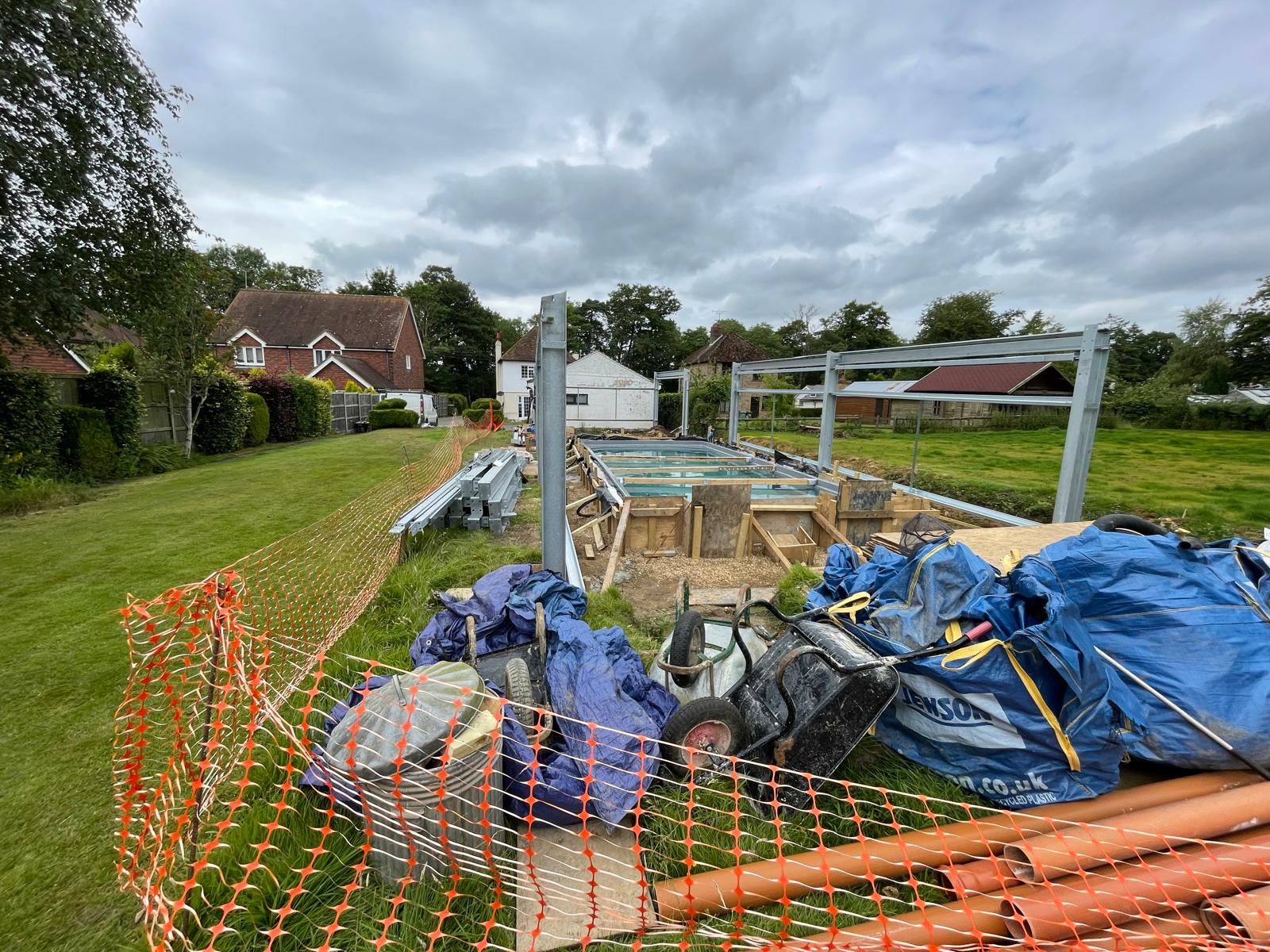 Metal frame work for the building around the swimming pool