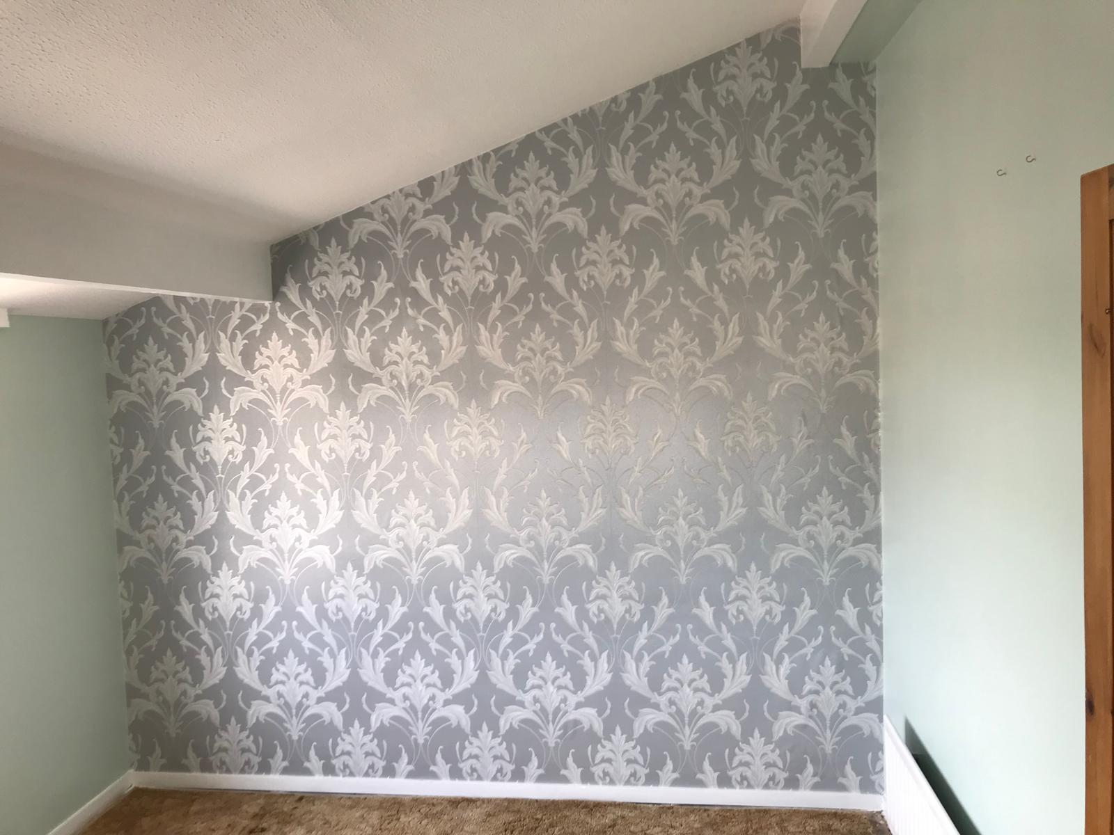 Patterned wallpapered wall feature wall for a decorating project in Kent