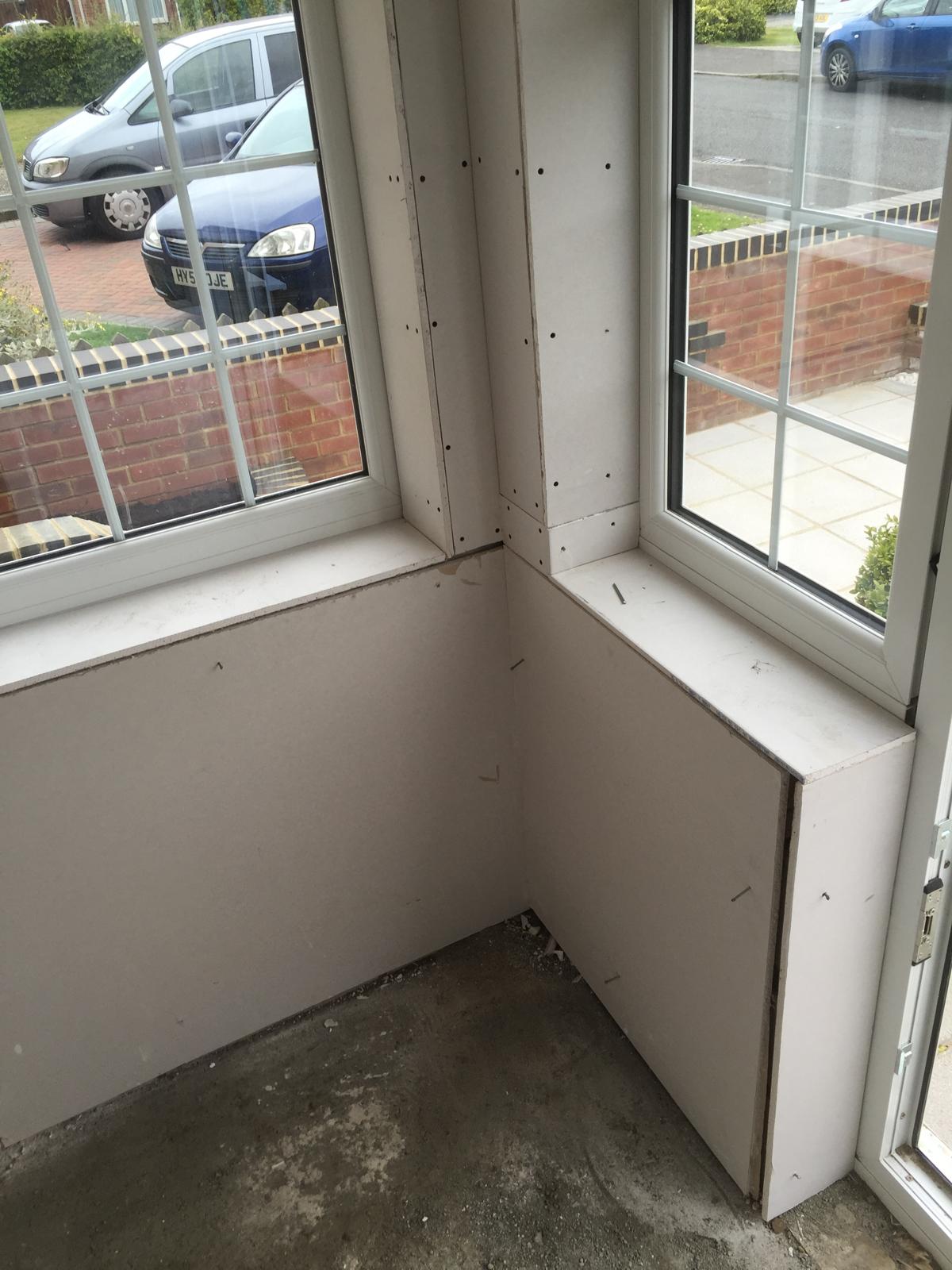 Plasterboard walls inside the porch extension project