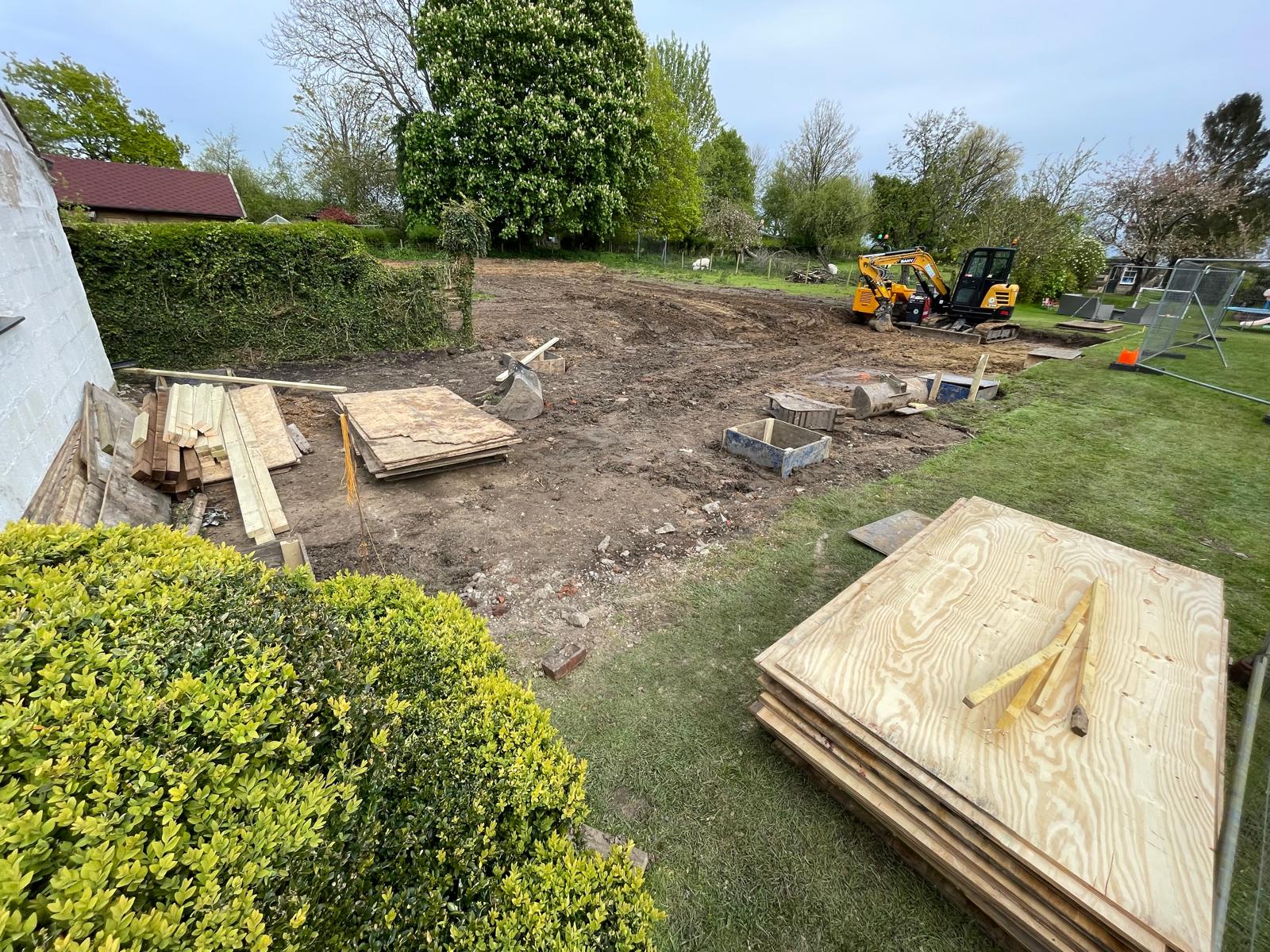 Side view of the groundworks for swimming pool area.