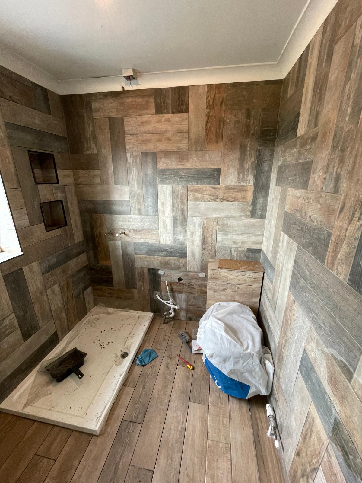 Wood effect tiled wall local bathroom project 