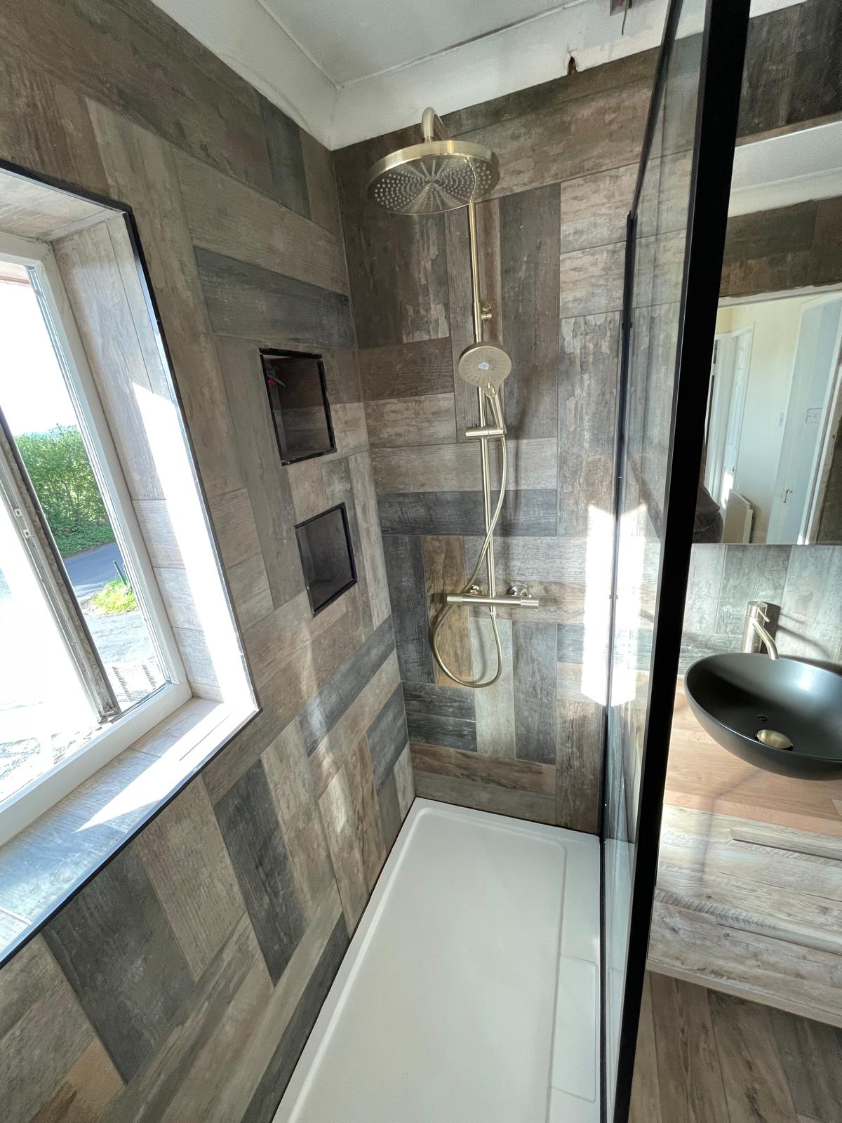 Wooden effect wall tile and shower installation 