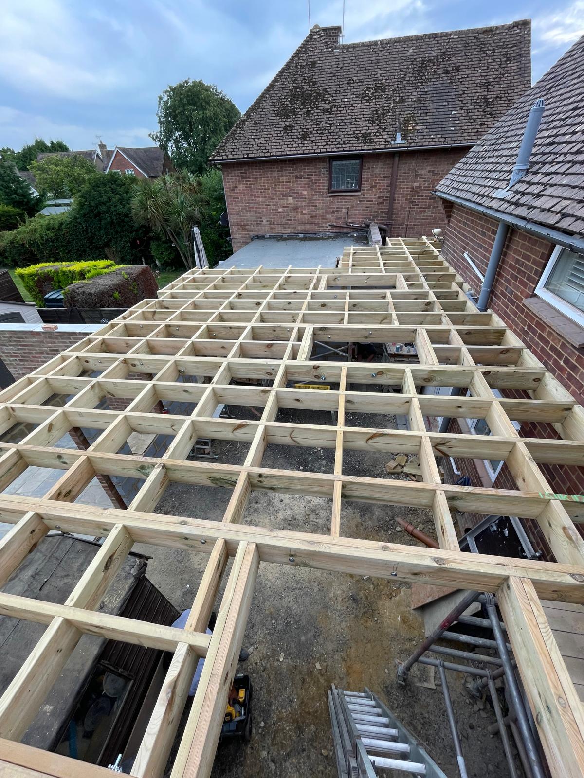 Wooden frame installation for an extension project