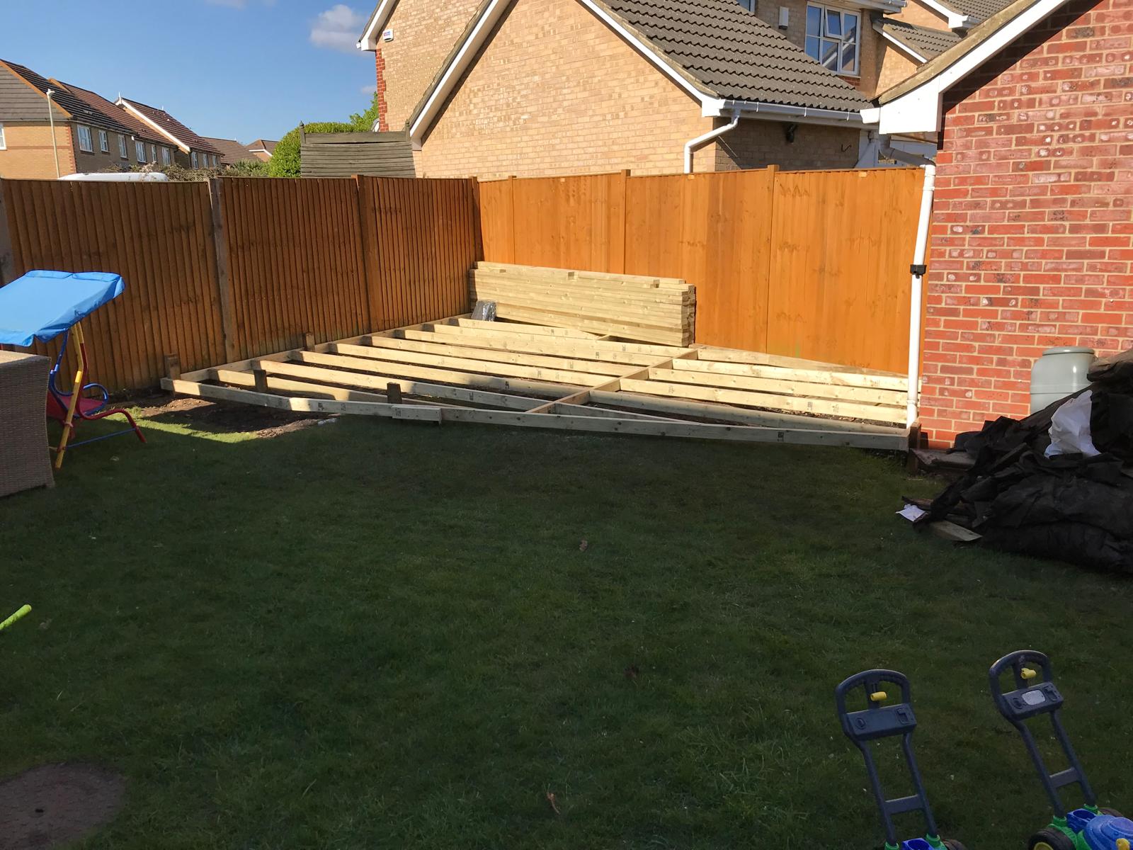 Wooden frame work on a decking installation project